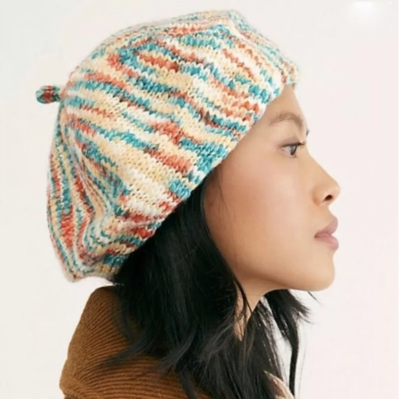 Free People Accessories - Free People Knit Beret Dyed Coral Turquoise Ivory